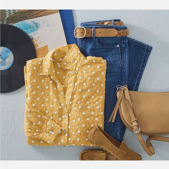 J. Jill Relaxed One Pocket Shirt Yellow with White Polka Dots Size Large - Picture 3 of 7